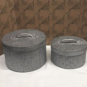New Set of 2 round metal tins planters with lids, great for storage or decor
